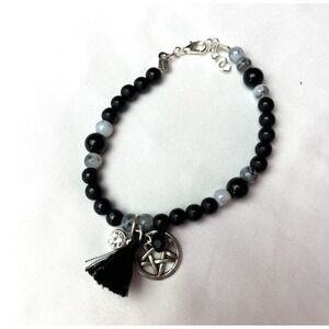 Handmade Beaded Bracelet Pentacle Charm Black White Goth Witchy Pagan Wiccan